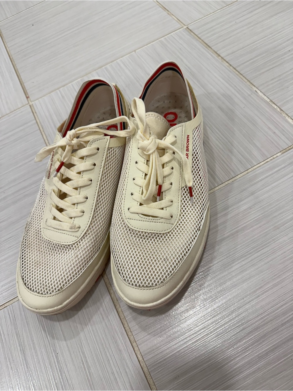Orlebar Brown Cream Mesh Sneakers with Red Trim